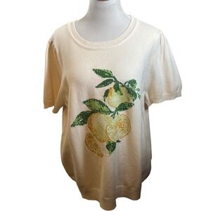 Skies‎ Are Blue Cream Lemon Citrus Fruit Short Sleeve Knit Sweater Top Women's